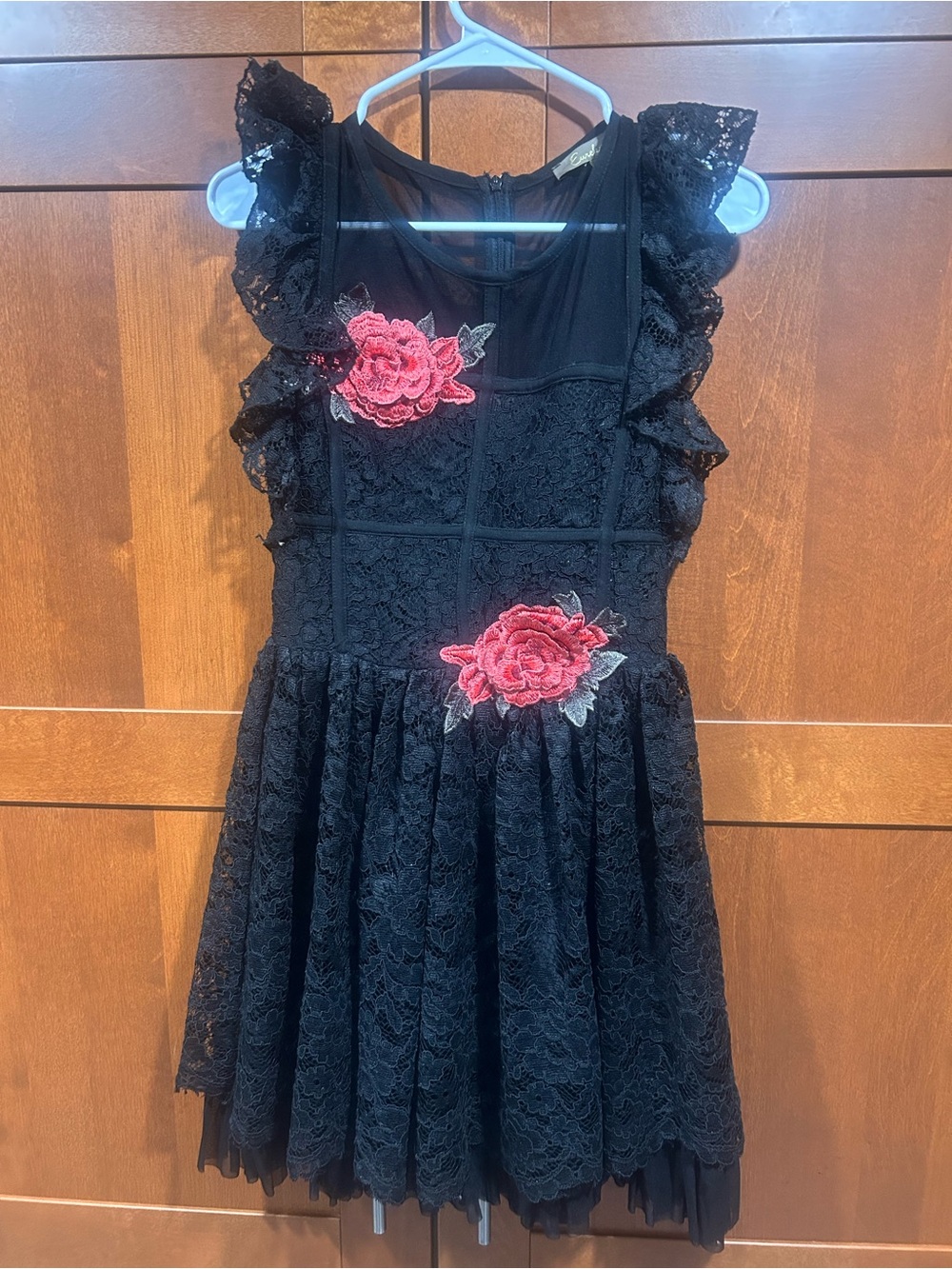 Eureka by Babylon Italian Women’s Black Lace Dress with Pink Rose Appliqués